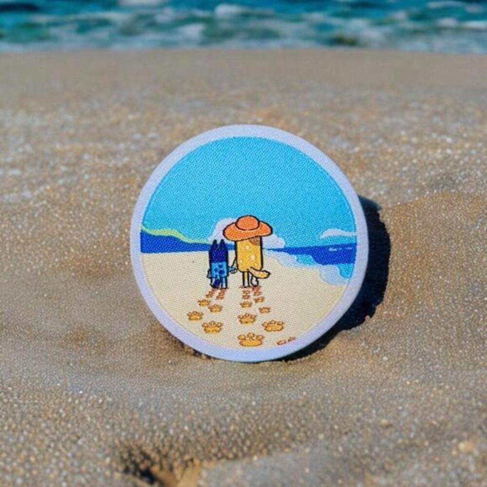 Bluey Beach Walk Iron On Patch Chili Mom Mum Heeler Blue Dog Cartoon